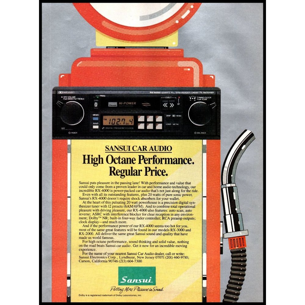 1985 Sansui Car Audio Stereo Vintage Print Ad Orange Gas Pump Audiophile Decor